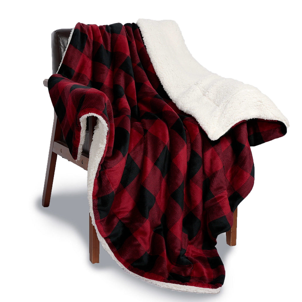 Plaid Sherpa Blanket Black - and - Red Checks - NANPIPERHOME