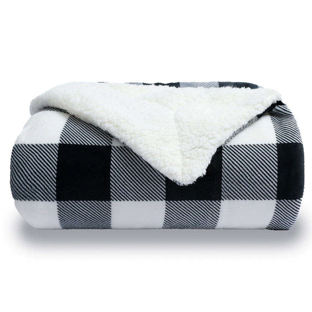 Plaid Sherpa Blanket Black - and - White Checks - NANPIPERHOME