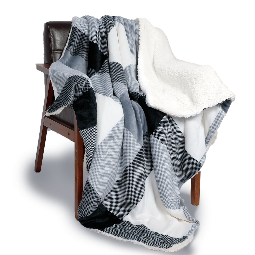 Plaid Sherpa Blanket Black Checkers - NANPIPERHOME