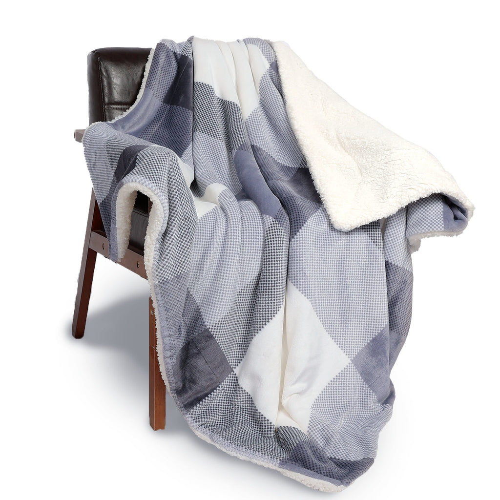 Plaid Sherpa Blanket Grey Checkers - NANPIPERHOME
